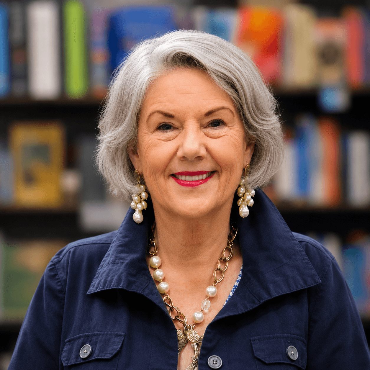 Ann Ipock smiling in front of a colorful wall of books, wearing a navy jacket and pearl jewelry.